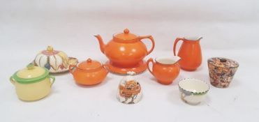 Group of Art Deco ceramics including a Clarice Cliff Bizarre beehive-shaped honeypot and cover, in