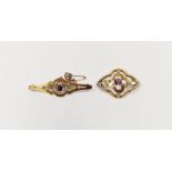 9ct gold, pearl and amethyst-coloured stone bar brooch with central oval purple stone flanked by