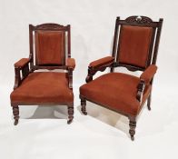 19th century oak armchair, with upholstered seat, arms and back, raised on original castors, 111cm