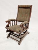 Early to mid 20th century oak rocking chair with upholstered back, seat and arms, 99cm high