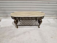 Contemporary D-end coffee table of oblong form having a marble-style top, raised on a metal base,