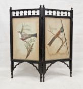 Late 19th/early 20th century aesthetic-movement-style two-fold fire screen, the black painted wooden