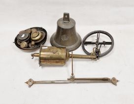 Victorian brass clockwork spit jack by Salter & Co., with circular iron suspension wheel (with key),