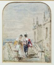 David Cox, JR. (1809-1885) Watercolour and pencil Romantic figures on a stairway, signed lower left,