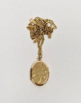 9ct gold oval locket, bird and floral engraved and a 9ct gold flattened curb-link chain, 5.2g