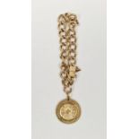 18K gold chain bracelet, curb link-pattern and having Swiss 20 Franc 1935 gold coin suspended in 18K