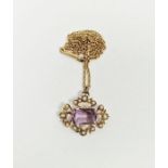 15ct gold, amethyst and pearl pendant brooch, the rectangular cut stone surrounded by pearl set