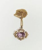 15ct gold, amethyst and pearl pendant brooch, the rectangular cut stone surrounded by pearl set