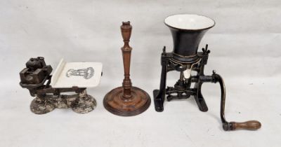 Set of early 20th century butcher's/dairy scales with pottery top, printed with heraldic device
