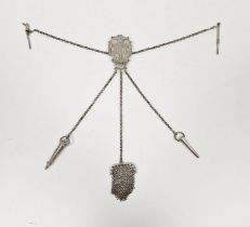 Victorian white metal chatelaine, the hook mount adorned with initials under Queen Victoria's crown,