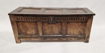 Late 17th century coffer having three panelled top and front, with carved frieze and on stile