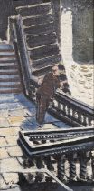 Carl Chuck?? (20th century school) Oil on canvas Man leaning on railing in stairwell, indistinctly
