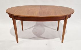 Mid-century teak oval extending dining table and four chairs with green upholstery, 73cm x 152cm x