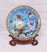 20th century Chinese large cloisonne charger and hardwood stand, decorated with flowering peony,