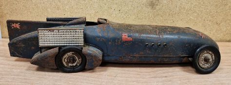 Kingsbury Bluebird clockwork tinplate landspeed record car with UK and USA flags to tail, Dunlop