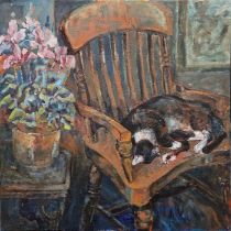 Myriam Gilby (1929-2010) Oil on canvas Interior scene with cat curled up on a chair, signed verso,