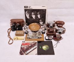Assorted collectables including a 'With the Beatles' LP, a cased set of 6x32 field binoculars, two