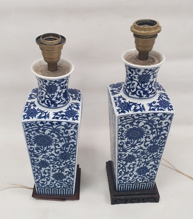 Pair of 20th century Chinese-style blue and white porcelain lamp bases, each of tapering square - Image 2 of 3