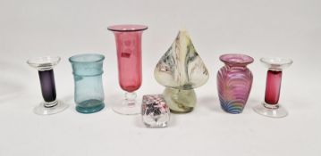 Group of coloured glass to include a Neil Wilkin cranberry glass vase with knopped stem, signed