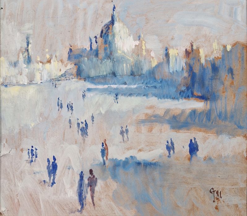 20th century school Oil on board Impressionistic view of St Paul's with figures, monogrammed CI or