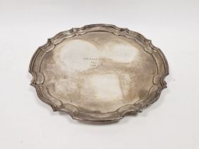 20th century silver salver, raised upon three scrolled bun feet, hallmarked Birmingham 1966 by BP