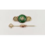 Oriental gold-coloured metal and jade brooch and a 14k and seedpearl stickpin (2)
