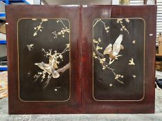 Pair of early 20th century oriental shibayama lacquered panels, each with inlaid bone horn and