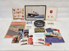 Collection of cruise related ephemera including a Queen Elizabeth II Cunard plate, a Saxonia