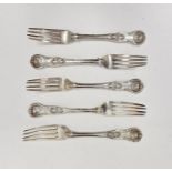 Victorian matched set of five silver kings pattern dinner forks, the earliest being hallmarked