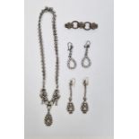 Antique paste necklace with ribbon design and pear-shaped drop, two pairs of antique paste set