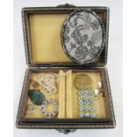 Jewel box, leather with gilt ruled decorations, tray lifts out, lined with velvet, a faux-pearl