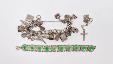Silver and green enamel bracelet, circular links with green enamel centre, floral borders and a