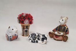 Royal Crown Derby bone china teddy and drum paperweight decorated in the imari palette, printed iron
