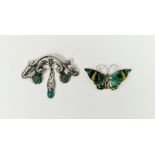 David Andersen, Norway sterling and enamel butterfly brooch and 830 metal and green stone brooch,