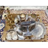 Assorted silver plated ware to include a platter, sweetmeat dish, comport, hot water jug, pair of