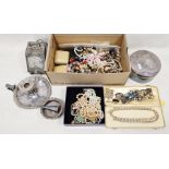 Quantity of costume jewellery to include beads and silver-plated items including chamberstick and