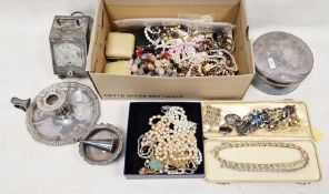 Quantity of costume jewellery to include beads and silver-plated items including chamberstick and