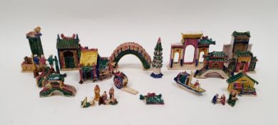Quantity oriental pottery miniature models, bridges, buildings and figures