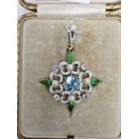 Antique gold, aquamarine, diamond and enamel pendant  brooch, rosette-shaped with central circular