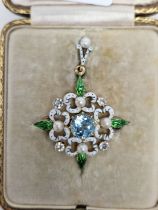 Antique gold, aquamarine, diamond and enamel pendant  brooch, rosette-shaped with central circular