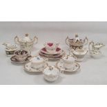 Group of 19th century Rockingham-style teawares including a blue and gilt two-handled sugar bowl and