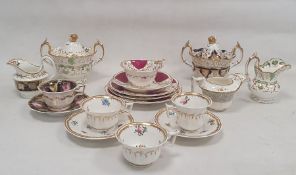 Group of 19th century Rockingham-style teawares including a blue and gilt two-handled sugar bowl and
