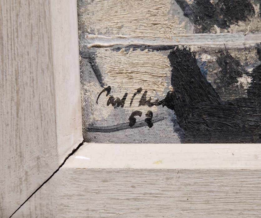 Carl Chuck?? (20th century school) Oil on canvas Man leaning on railing in stairwell, indistinctly - Image 3 of 3