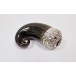 Victorian Scottish silver-mounted horn snuff mull, with repousse cover set with orange stone, dated