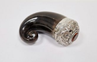 Victorian Scottish silver-mounted horn snuff mull, with repousse cover set with orange stone, dated