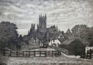 D. Deighton (Early 20thC English School) Etching 'Sunset, Lincoln Cathedral', signed and titled in