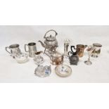 Assorted silver-plated items to include a weighted posy vase with engraved initials, a pewter