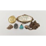 Antique guard chain with sliding stopper set with paste stones, a turquoise pendant with gold-