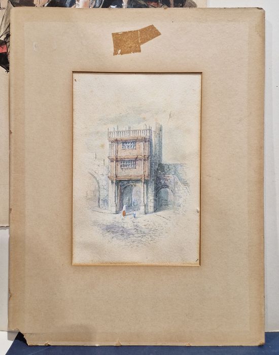 George Fall watercolour drawing 'Walgate, York' , two figures beside a stone city gate, unframed, - Image 4 of 6