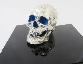 Philippe Pasqua (1965) sculpture, resin silver skull, silver leaf over blue acrylic (minus